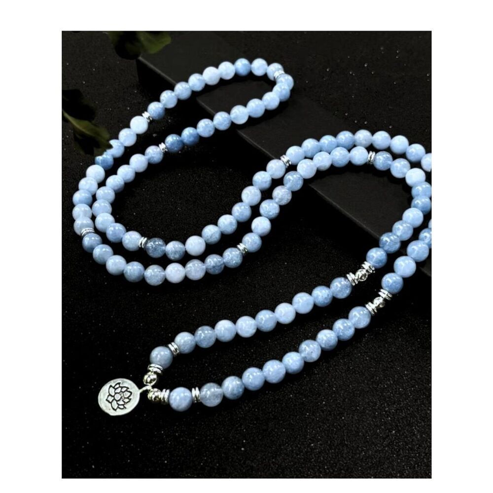 NWT AquamarineâMala Bead 108 Prayer Lotus Pendant Necklace Wrap Bracelet
